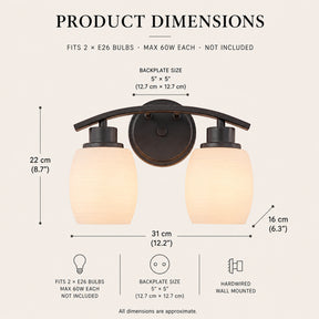 Modern Farmhouse 2-Light Bathroom Vanity Light Dark Brown Wall Sconce with Textured Opal Glass Shades 12-Inch Wall Mounted Fixture for Mirror Hallway