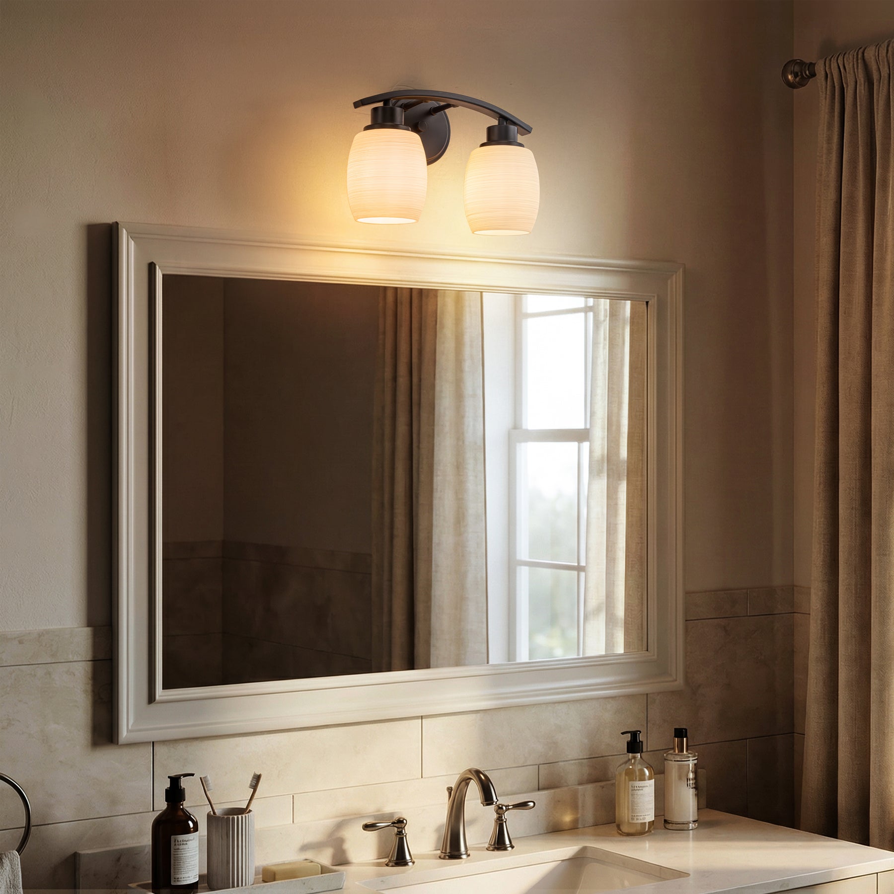 Modern Farmhouse 2-Light Bathroom Vanity Light Dark Brown Wall Sconce with Textured Opal Glass Shades 12-Inch Wall Mounted Fixture for Mirror Hallway
