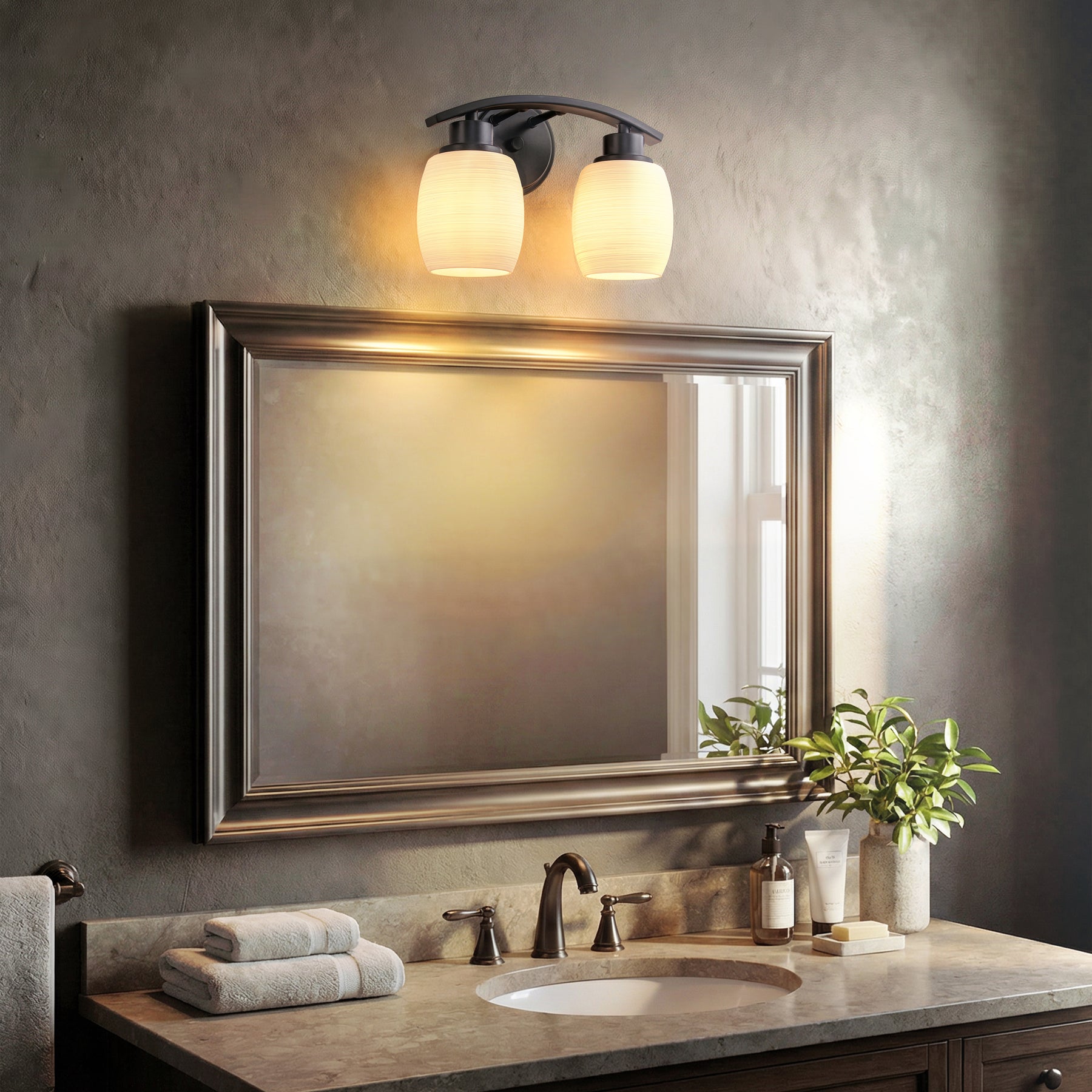 Modern Farmhouse 2-Light Bathroom Vanity Light Dark Brown Wall Sconce with Textured Opal Glass Shades 12-Inch Wall Mounted Fixture for Mirror Hallway