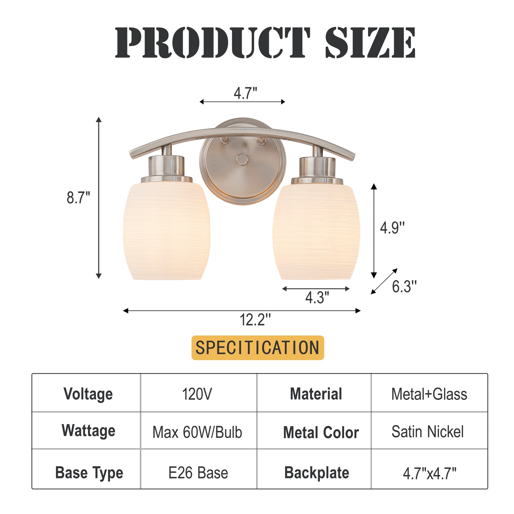 Modern Contemporary 2-Light Bathroom Vanity Light Satin Nickel Wall Sconce with Textured Opal Glass Shades 12-Inch Wall Mounted Fixture for Mirror Hallway
