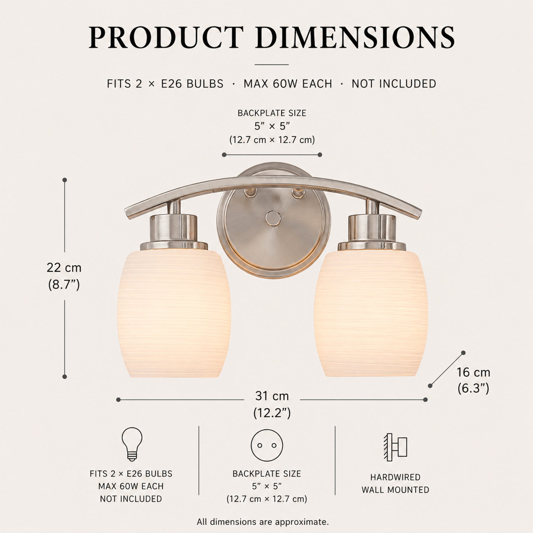 Modern Contemporary 2-Light Bathroom Vanity Light Satin Nickel Wall Sconce with Textured Opal Glass Shades 12-Inch Wall Mounted Fixture for Mirror Hallway