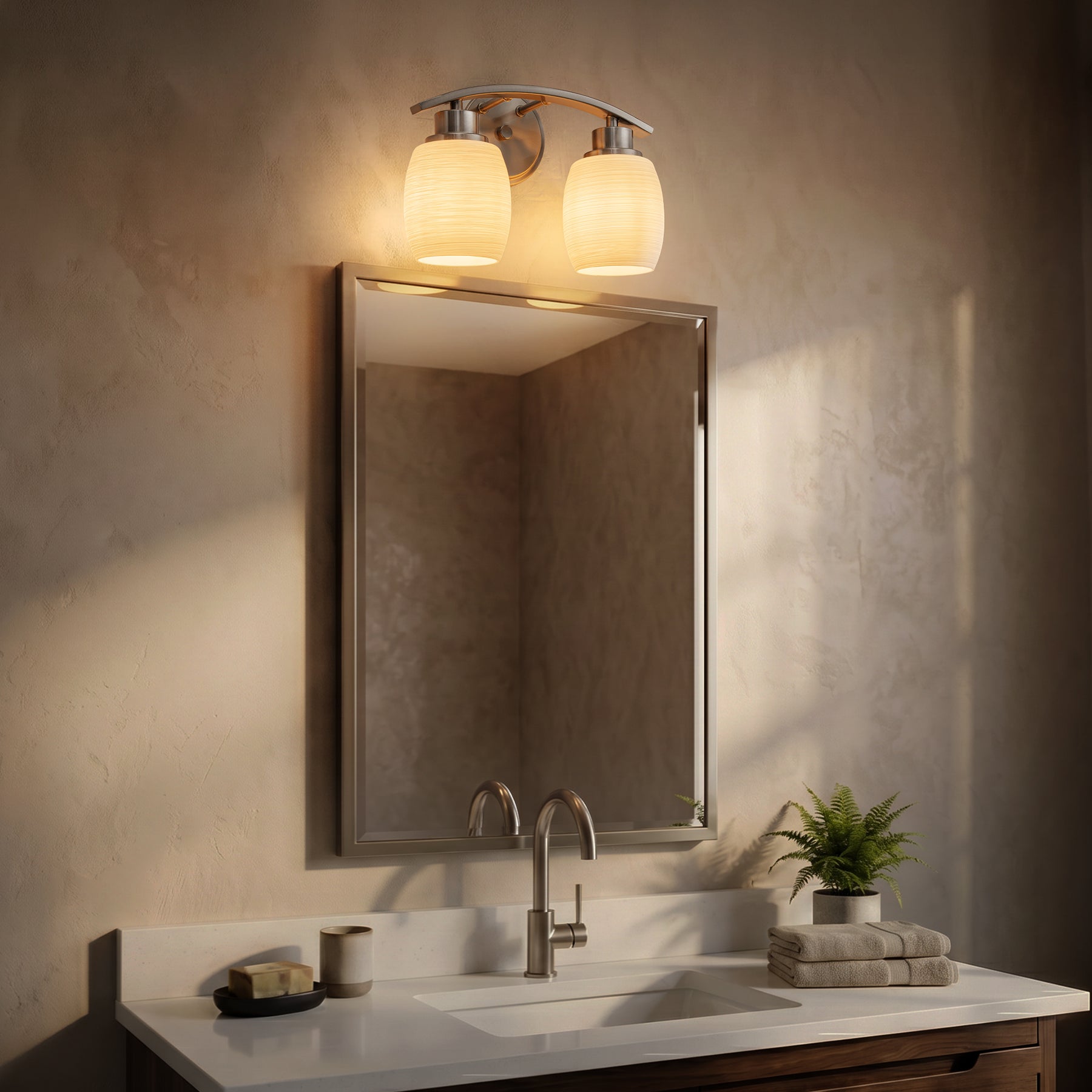 Modern Contemporary 2-Light Bathroom Vanity Light Satin Nickel Wall Sconce with Textured Opal Glass Shades 12-Inch Wall Mounted Fixture for Mirror Hallway