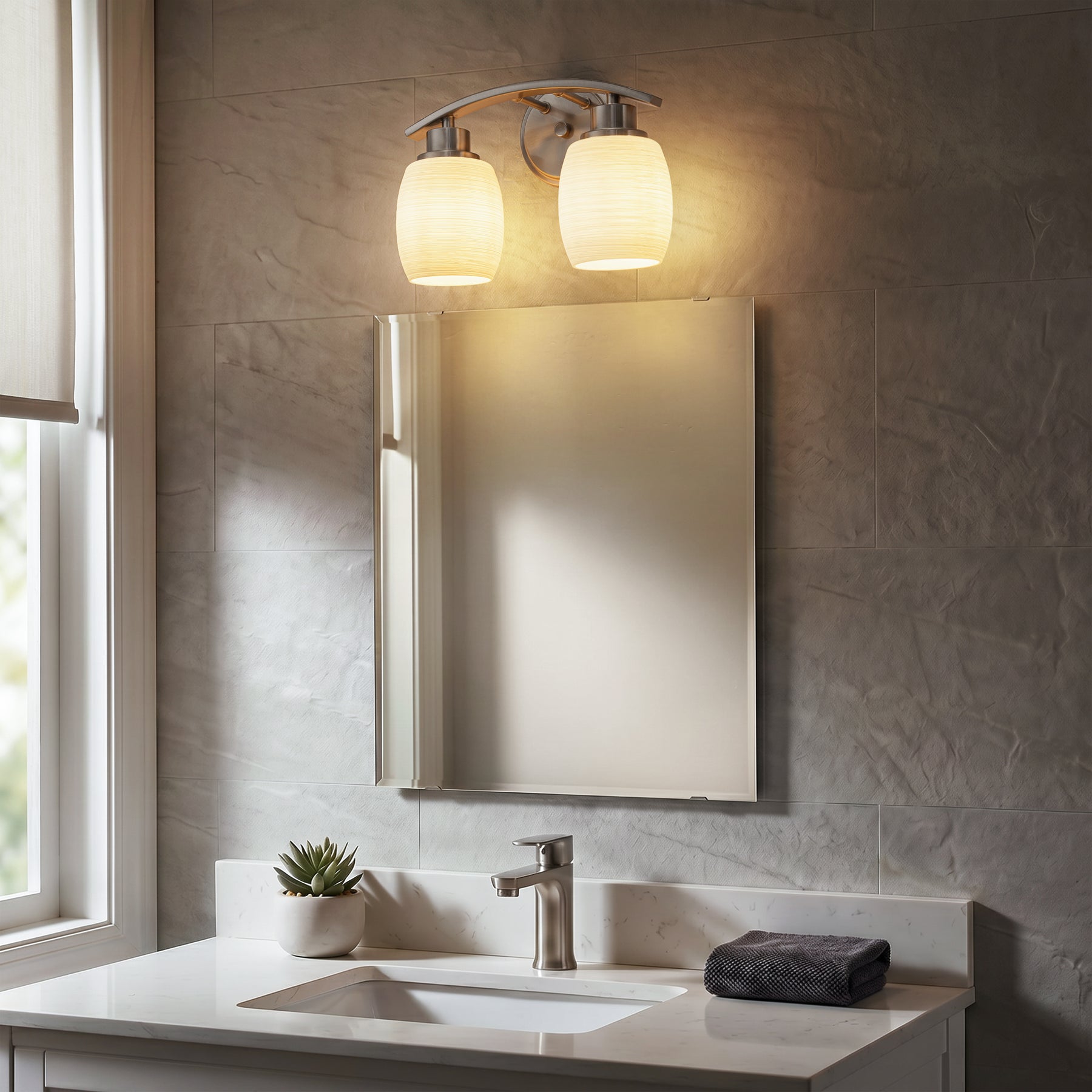 Modern Contemporary 2-Light Bathroom Vanity Light Satin Nickel Wall Sconce with Textured Opal Glass Shades 12-Inch Wall Mounted Fixture for Mirror Hallway