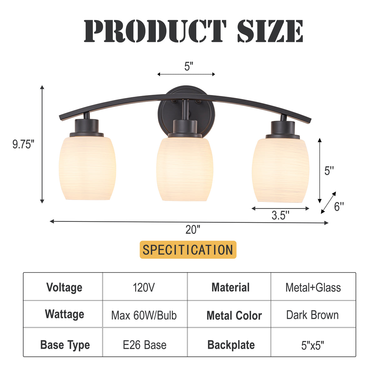 Modern Contemporary 3-Light Bathroom Vanity Light Dark Brown Wall Sconce with Textured Opal Glass Shades 20-Inch Wall Mounted Fixture for Mirror Hallway