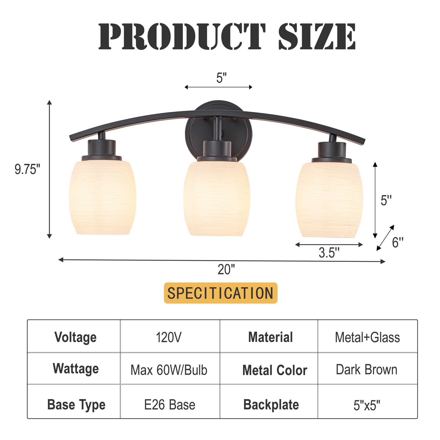 Modern Contemporary 3-Light Bathroom Vanity Light Dark Brown Wall Sconce with Textured Opal Glass Shades 20-Inch Wall Mounted Fixture for Mirror Hallway