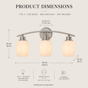 Modern Contemporary 3-Light Bathroom Vanity Light Satin Nickel Wall Sconce with Textured Opal Glass Shades 20-Inch Wall Mounted Fixture for Mirror Hallway