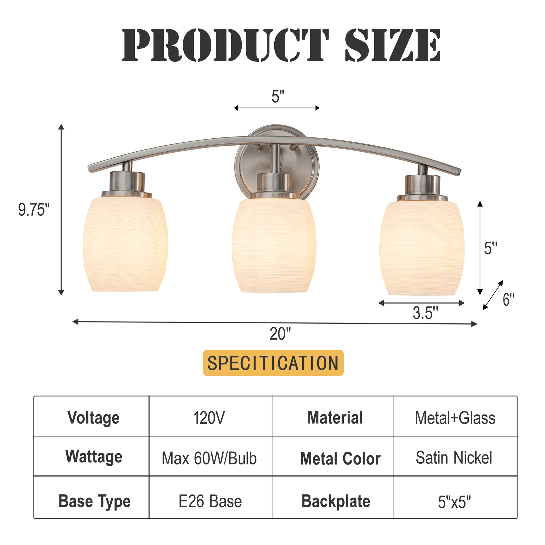 Modern Contemporary 3-Light Bathroom Vanity Light Satin Nickel Wall Sconce with Textured Opal Glass Shades 20-Inch Wall Mounted Fixture for Mirror Hallway