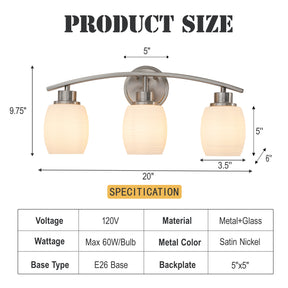 Modern Contemporary 3-Light Bathroom Vanity Light Satin Nickel Wall Sconce with Textured Opal Glass Shades 20-Inch Wall Mounted Fixture for Mirror Hallway