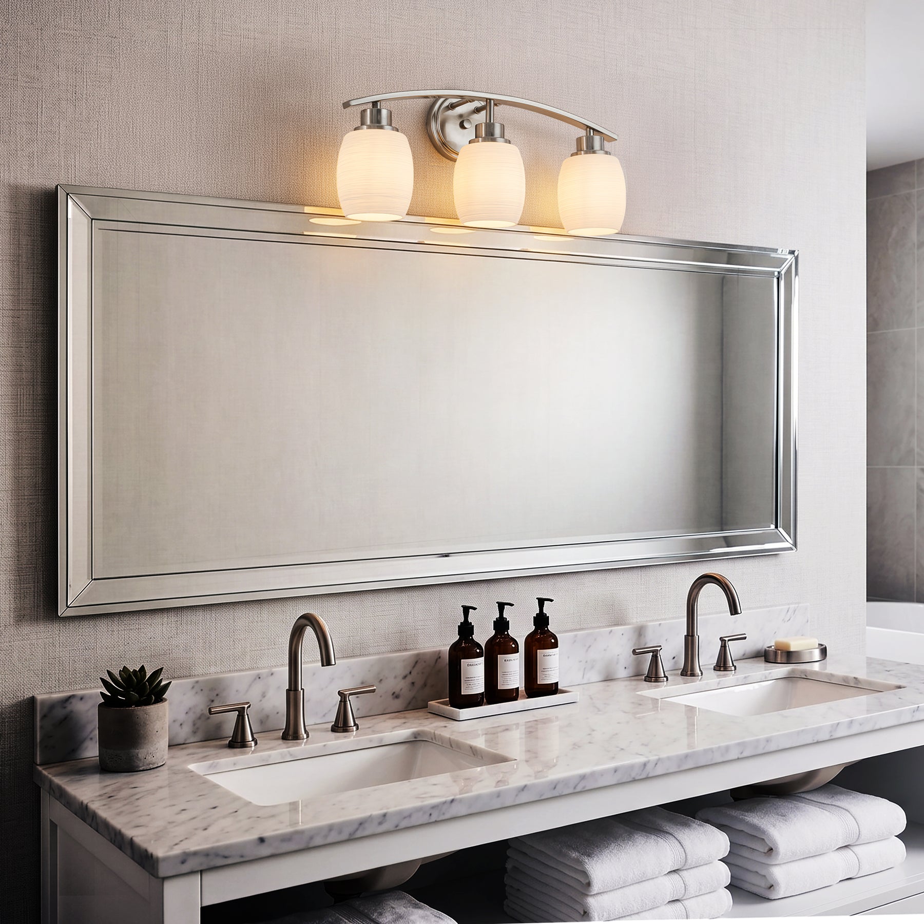 Modern Contemporary 3-Light Bathroom Vanity Light Satin Nickel Wall Sconce with Textured Opal Glass Shades 20-Inch Wall Mounted Fixture for Mirror Hallway