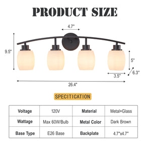 28-in Modern Contemporary  4-Light Bathroom Vanity Light Bath Bar Dark Brown Wall Sconce with Textured Opal Glass Shades for Mirror Hallway