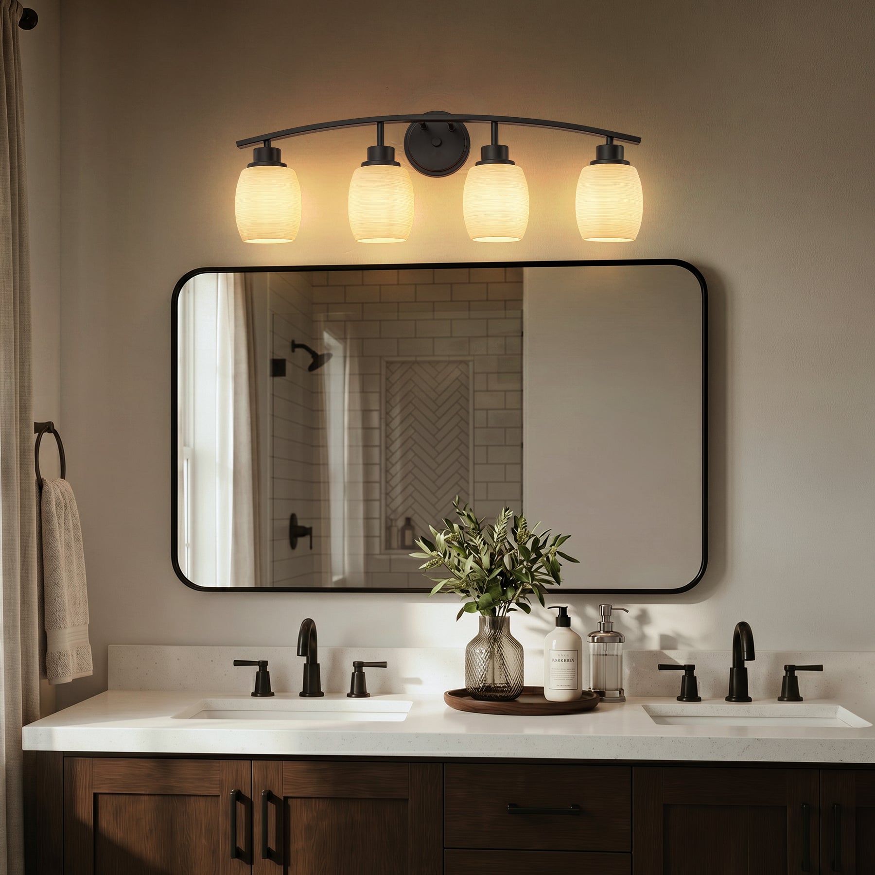 28-in Modern Contemporary  4-Light Bathroom Vanity Light Bath Bar Dark Brown Wall Sconce with Textured Opal Glass Shades for Mirror Hallway