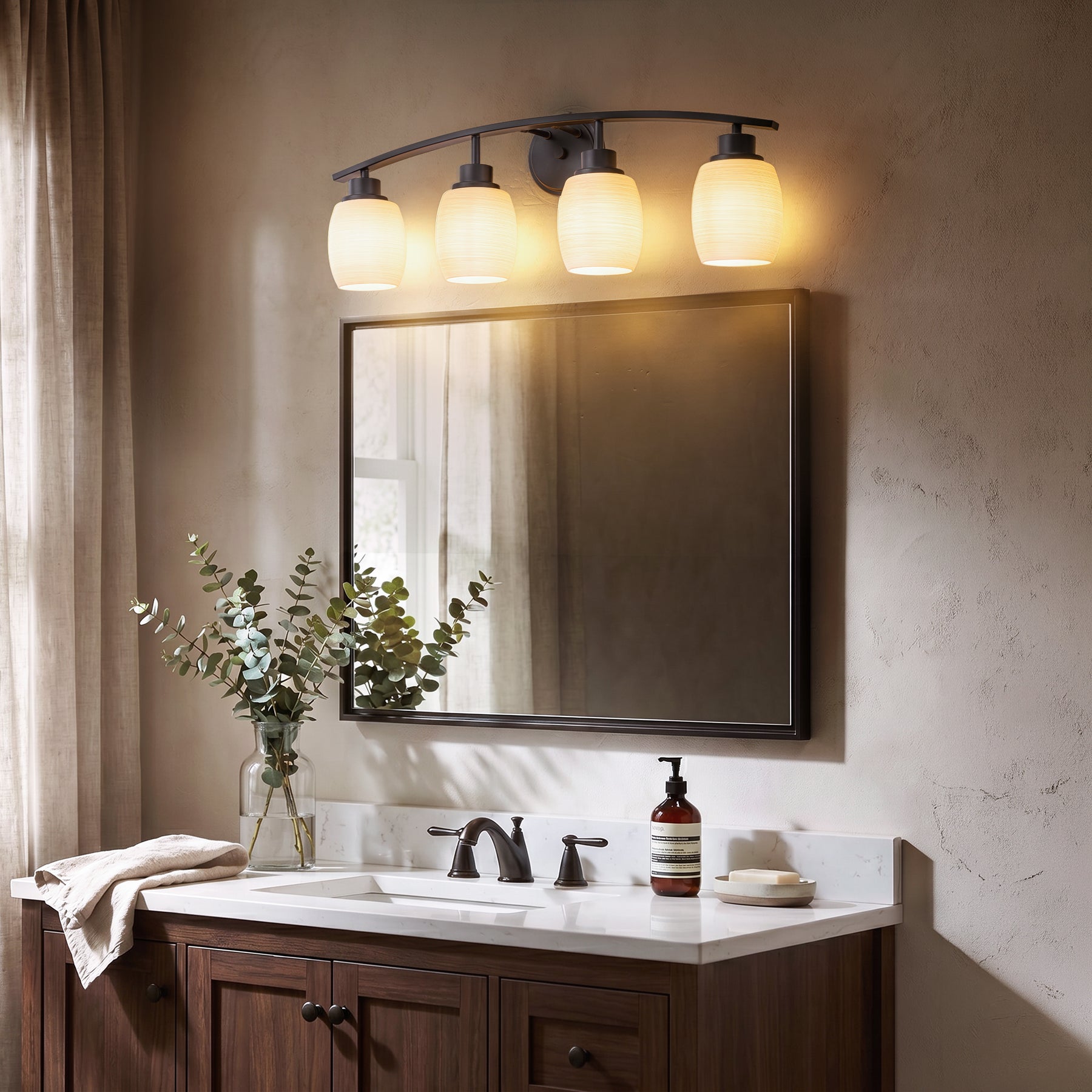 28-in Modern Contemporary  4-Light Bathroom Vanity Light Bath Bar Dark Brown Wall Sconce with Textured Opal Glass Shades for Mirror Hallway