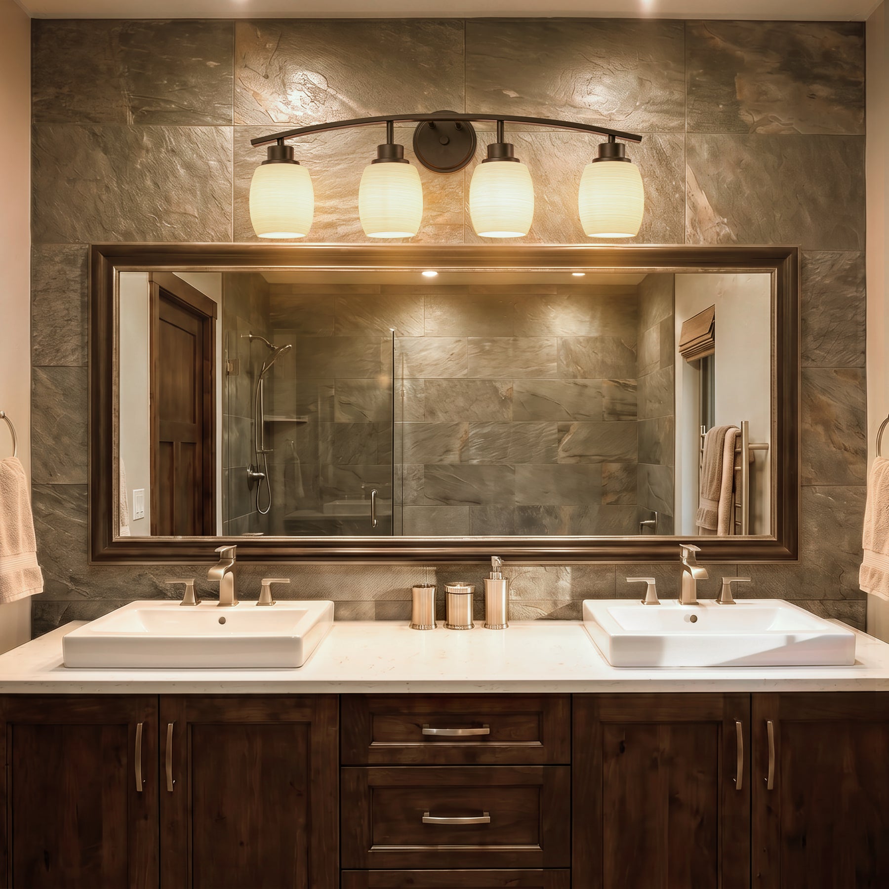 28-in Modern Contemporary  4-Light Bathroom Vanity Light Bath Bar Dark Brown Wall Sconce with Textured Opal Glass Shades for Mirror Hallway