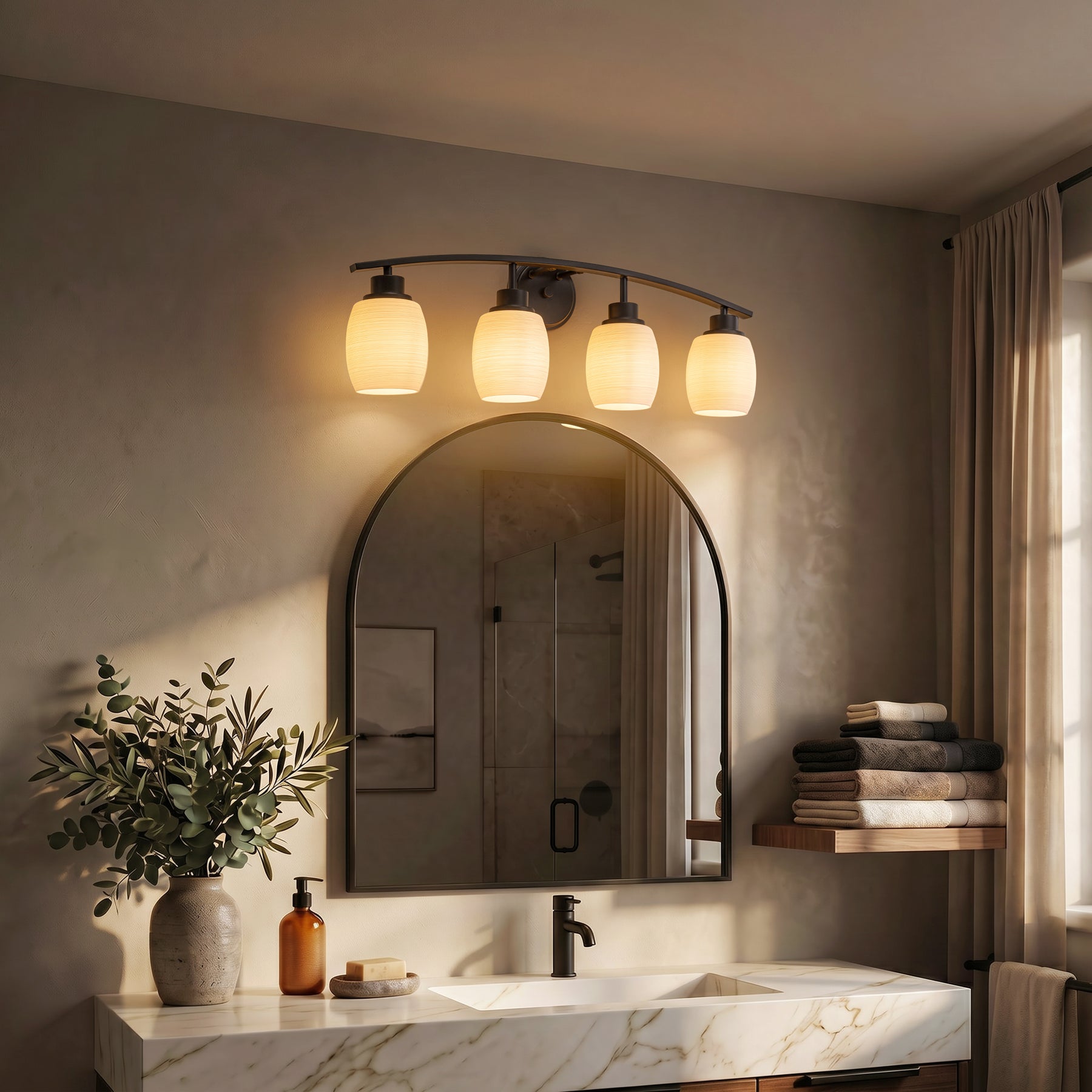 28-in Modern Contemporary  4-Light Bathroom Vanity Light Bath Bar Dark Brown Wall Sconce with Textured Opal Glass Shades for Mirror Hallway