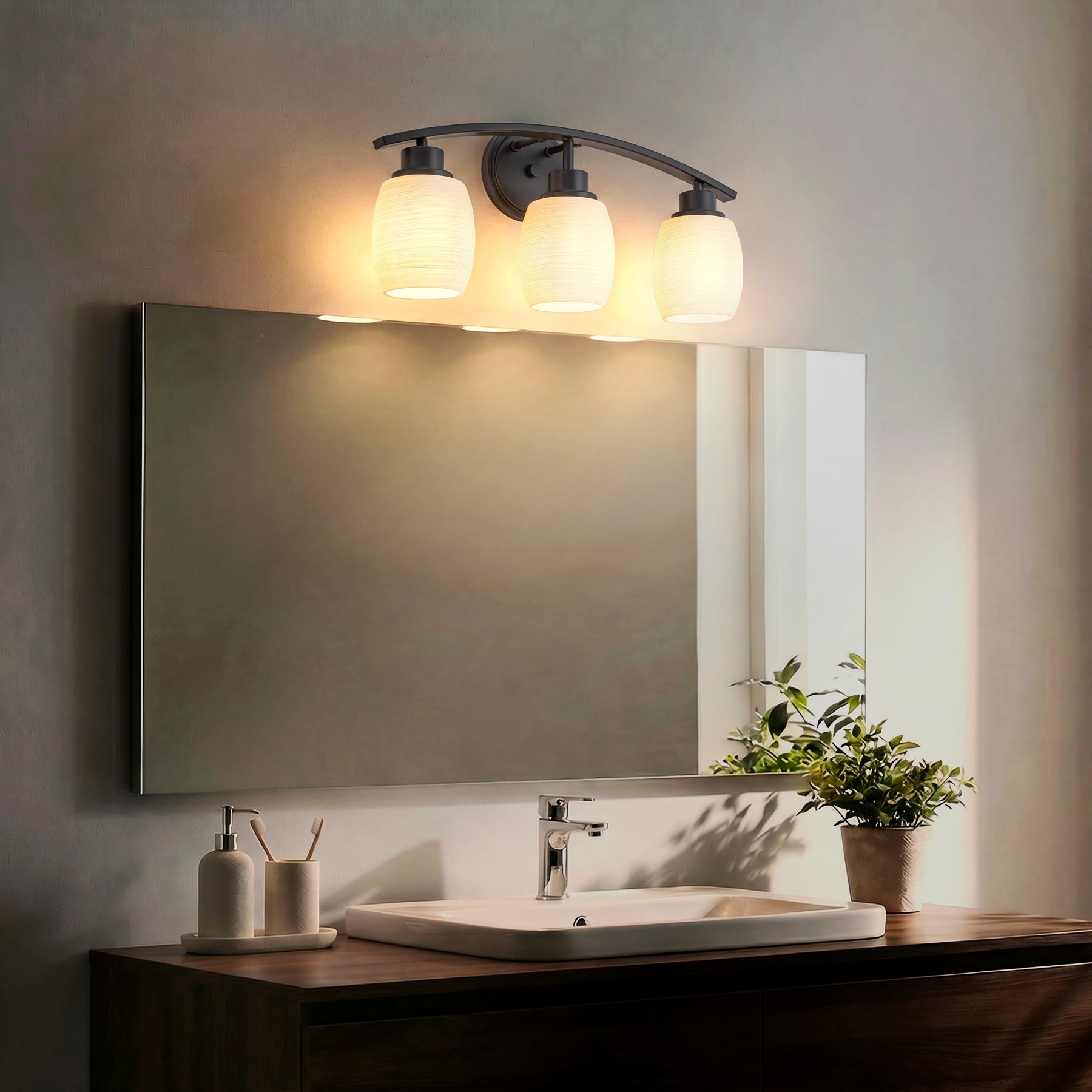 Modern Contemporary 3-Light Bathroom Vanity Light Dark Brown Wall Sconce with Textured Opal Glass Shades 20-Inch Wall Mounted Fixture for Mirror Hallway