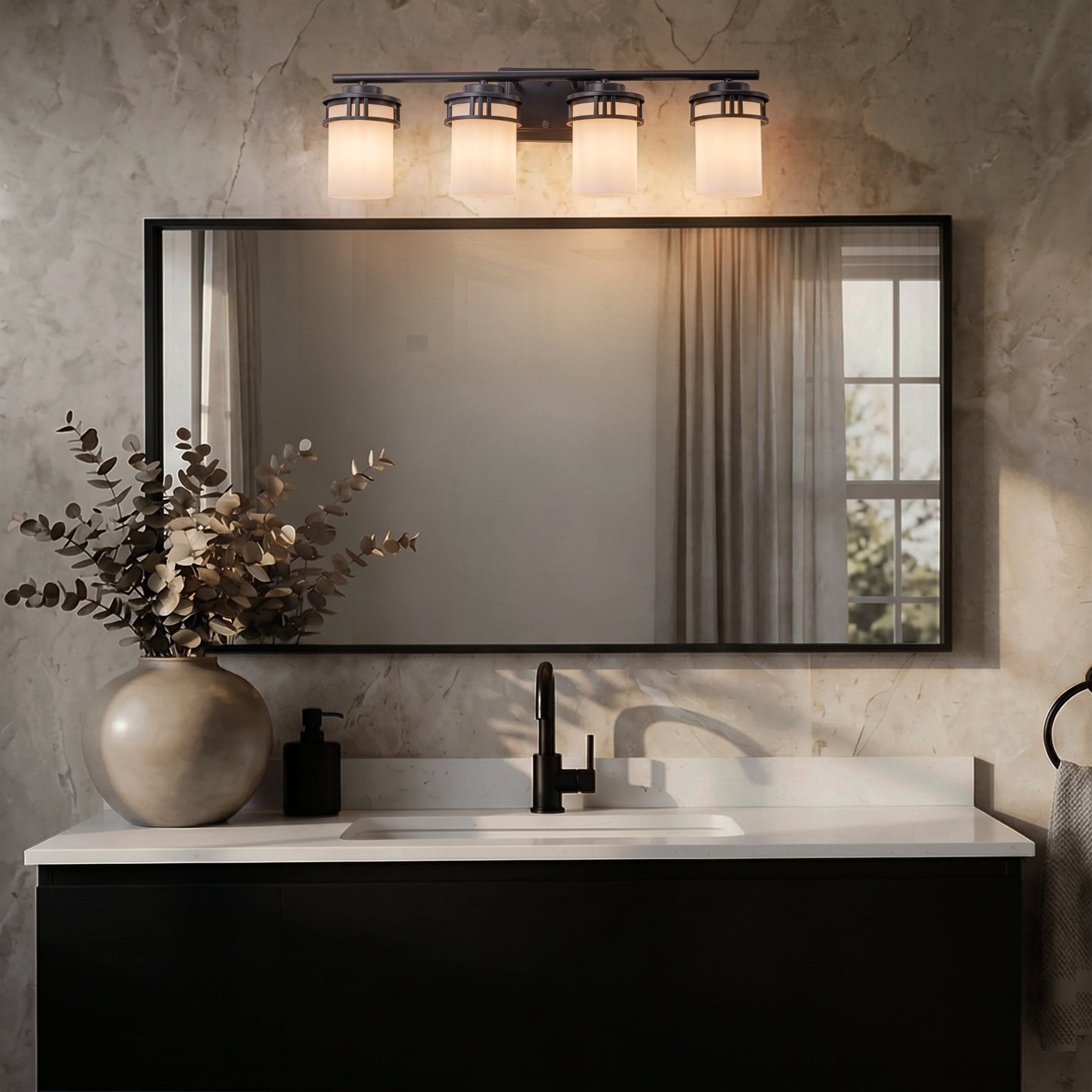 27-in Mid-century modern 4-Light Bathroom Vanity Light Bath Bar Dark Brown Wall Sconce with Frosted Glass Shades for Mirror Hallway