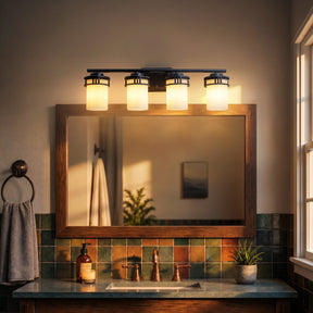 27-in Mid-century modern 4-Light Bathroom Vanity Light Bath Bar Dark Brown Wall Sconce with Frosted Glass Shades for Mirror Hallway