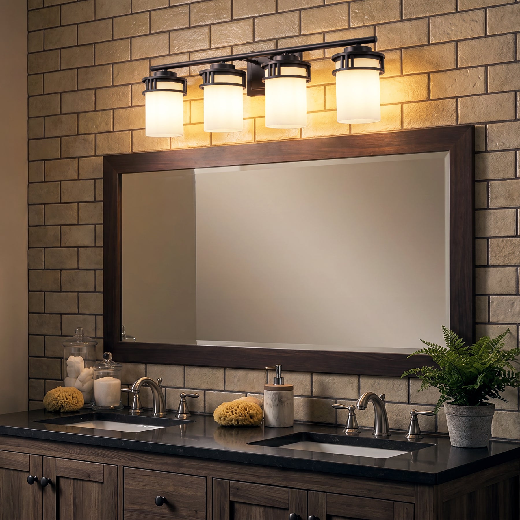 27-in Mid-century modern 4-Light Bathroom Vanity Light Bath Bar Dark Brown Wall Sconce with Frosted Glass Shades for Mirror Hallway
