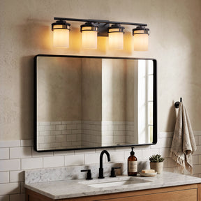 27-in Mid-century modern 4-Light Bathroom Vanity Light Bath Bar Dark Brown Wall Sconce with Frosted Glass Shades for Mirror Hallway
