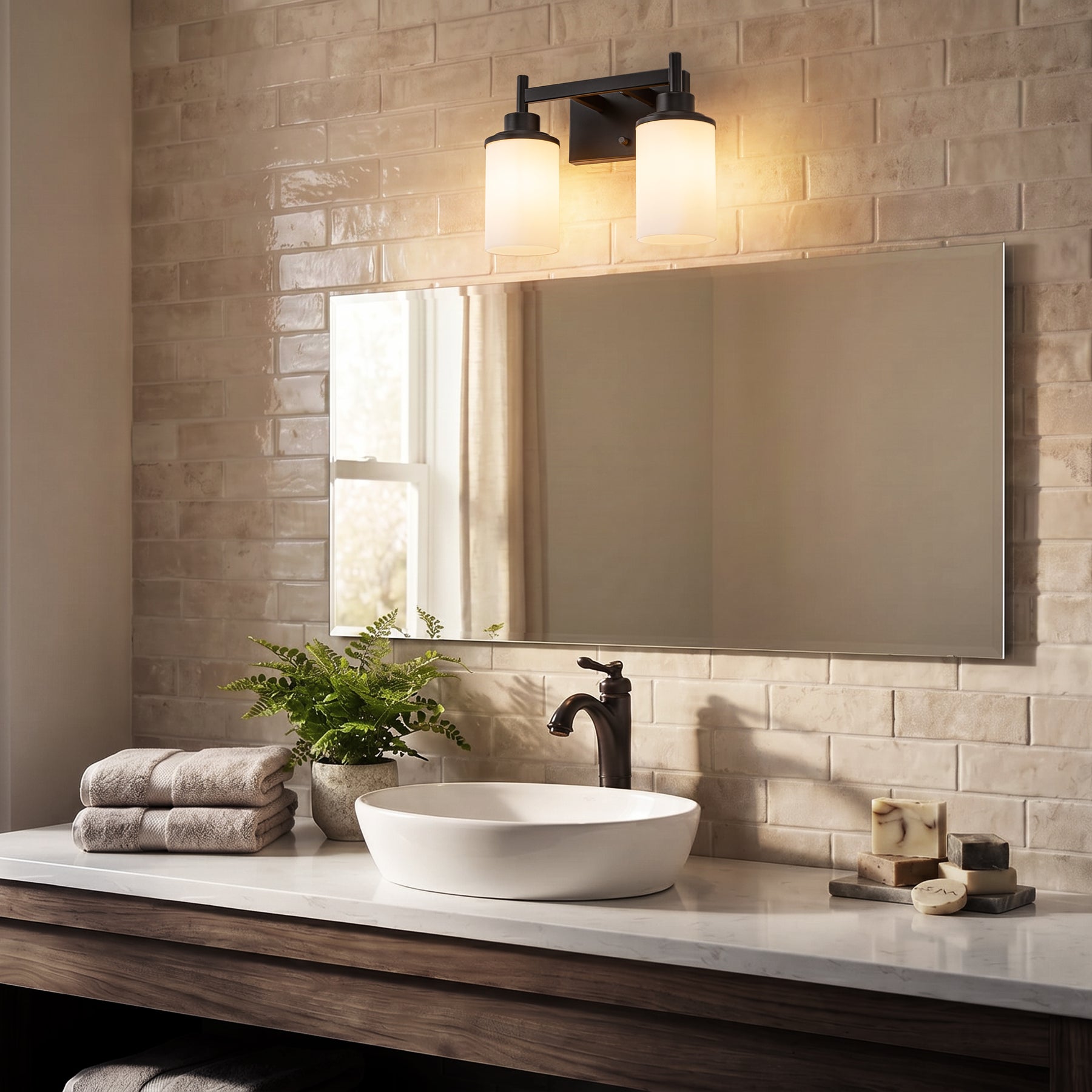 Modern Dark Brown 2-Light Vanity Wall Sconce with Opal Glass Shades Wall Mounted Fixture for Bathroom Mirror and Hallway