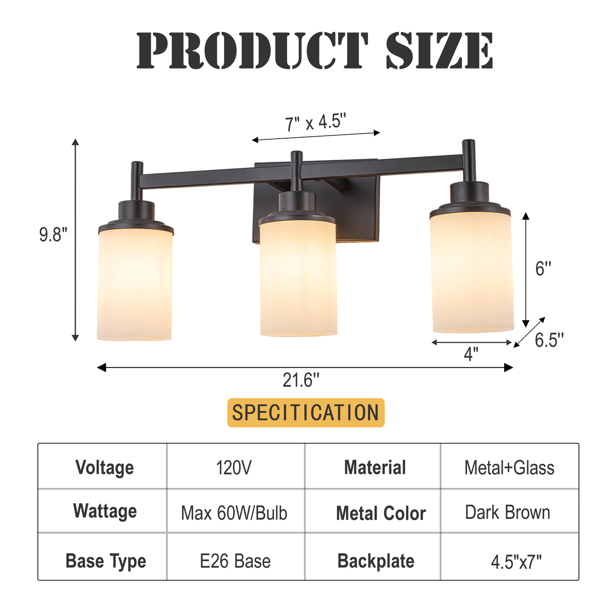 Modern 3-Light Bathroom Vanity Light, Dark Brown Wall Sconce with Opal Glass Shades 22 in. Wall Mounted Fixture for Mirror, Bathroom, Hallway