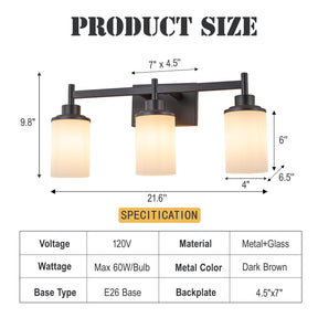 Modern 3-Light Bathroom Vanity Light, Dark Brown Wall Sconce with Opal Glass Shades 22 in. Wall Mounted Fixture for Mirror, Bathroom, Hallway