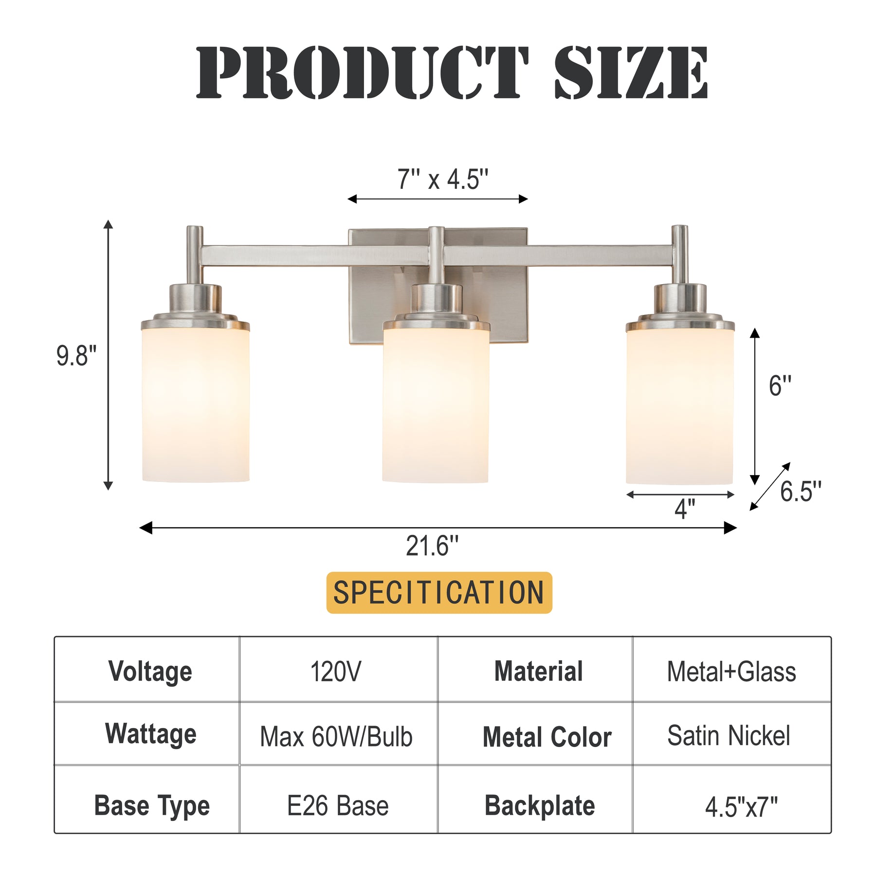 Modern 3-Light Bathroom Vanity Light, Brushed Nickel Wall Sconce with Opal Glass Shades 22 in. Wall Mounted Fixture for Mirror, Bathroom, Hallway
