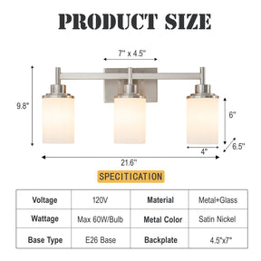 Modern 3-Light Bathroom Vanity Light, Brushed Nickel Wall Sconce with Opal Glass Shades 22 in. Wall Mounted Fixture for Mirror, Bathroom, Hallway