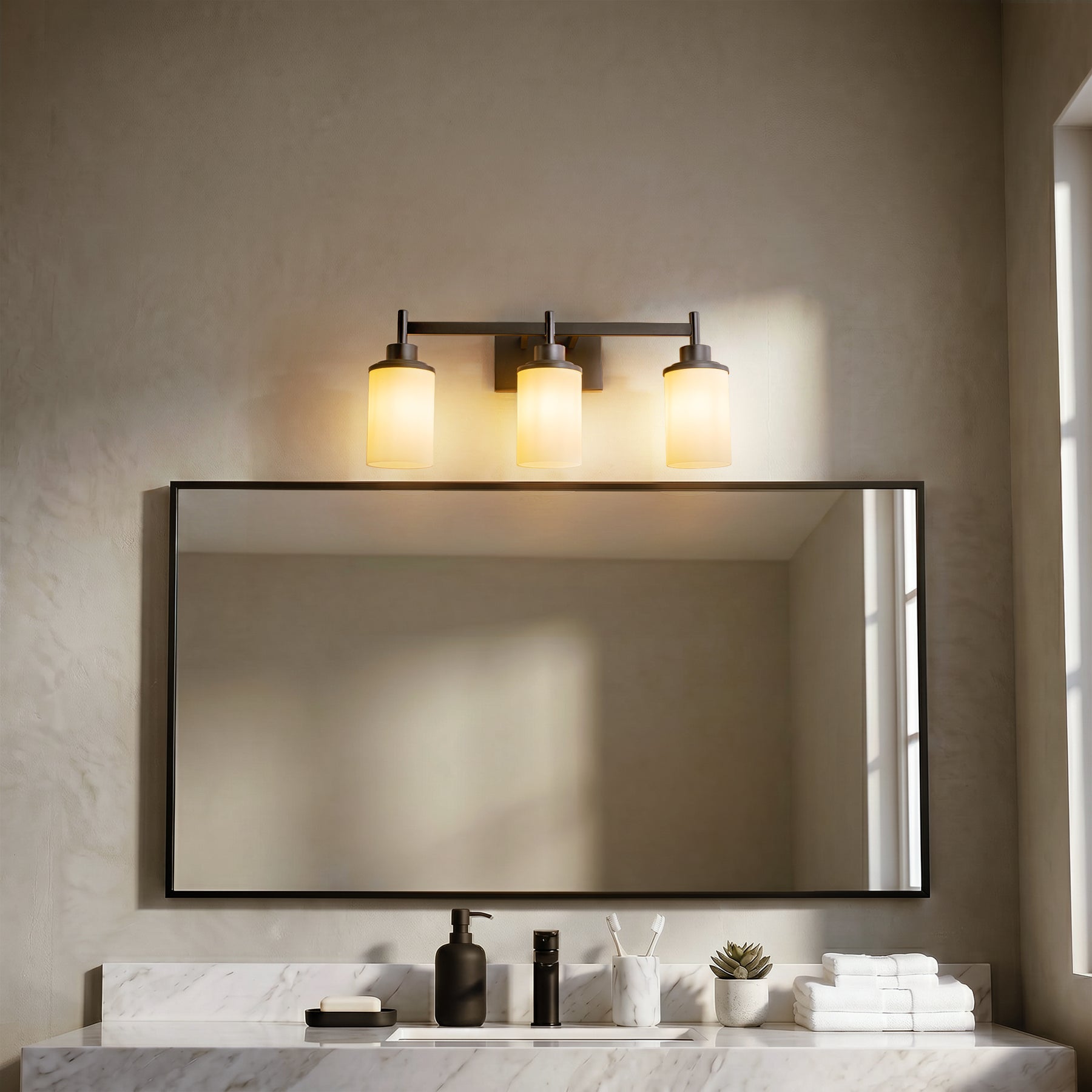 Modern 3-Light Bathroom Vanity Light, Dark Brown Wall Sconce with Opal Glass Shades 22 in. Wall Mounted Fixture for Mirror, Bathroom, Hallway