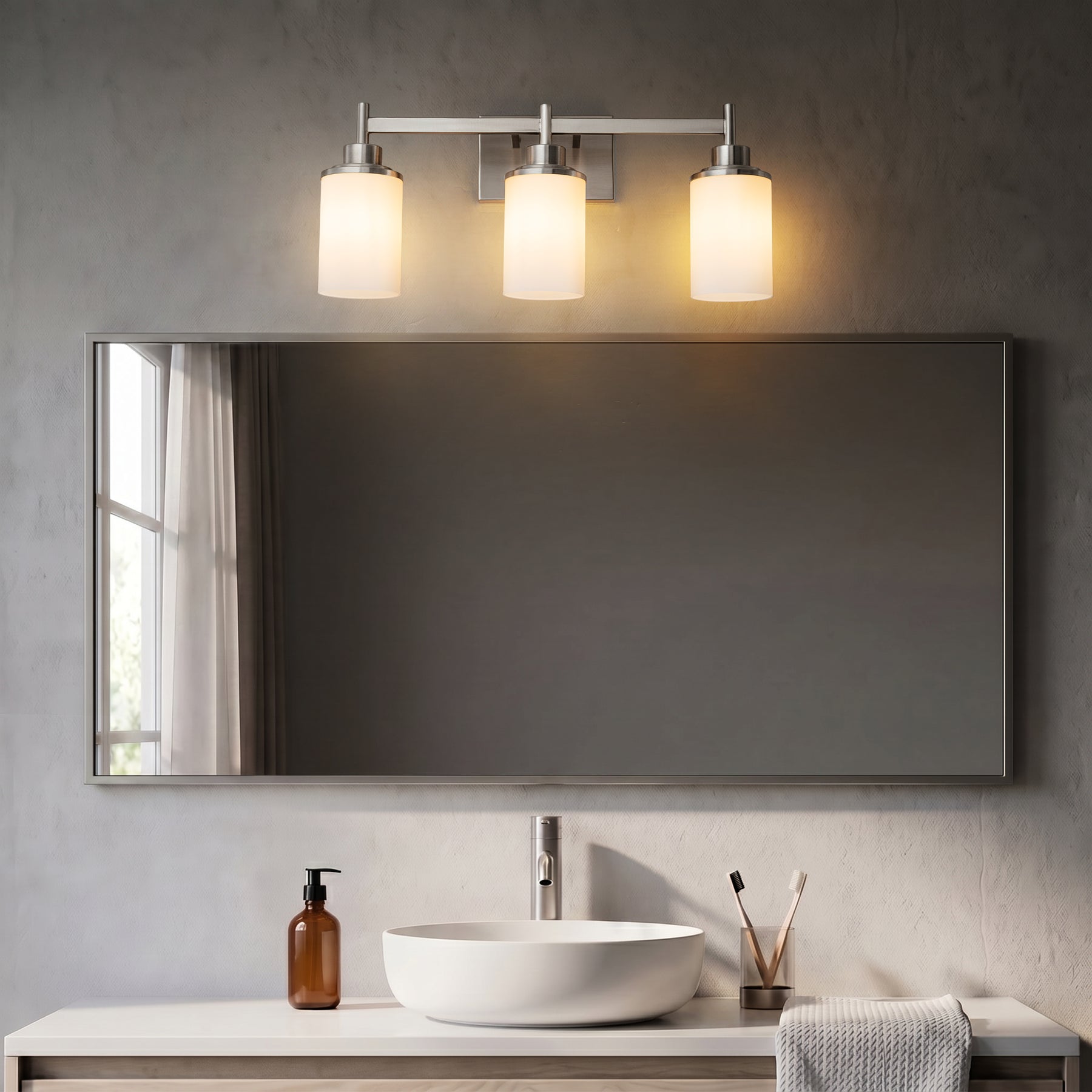 Modern 3-Light Bathroom Vanity Light, Brushed Nickel Wall Sconce with Opal Glass Shades 22 in. Wall Mounted Fixture for Mirror, Bathroom, Hallway