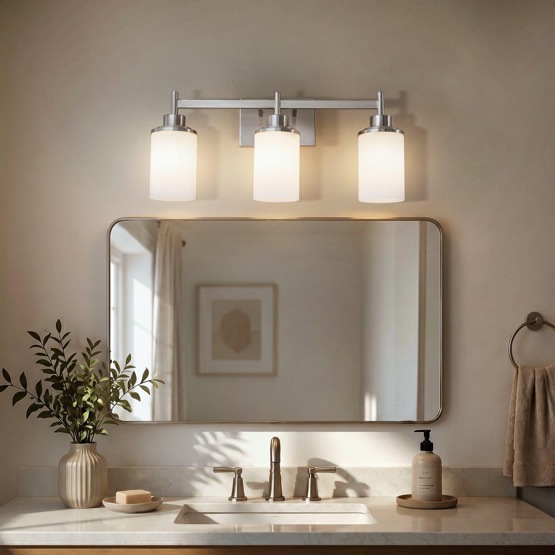 Modern 3-Light Bathroom Vanity Light, Brushed Nickel Wall Sconce with Opal Glass Shades 22 in. Wall Mounted Fixture for Mirror, Bathroom, Hallway