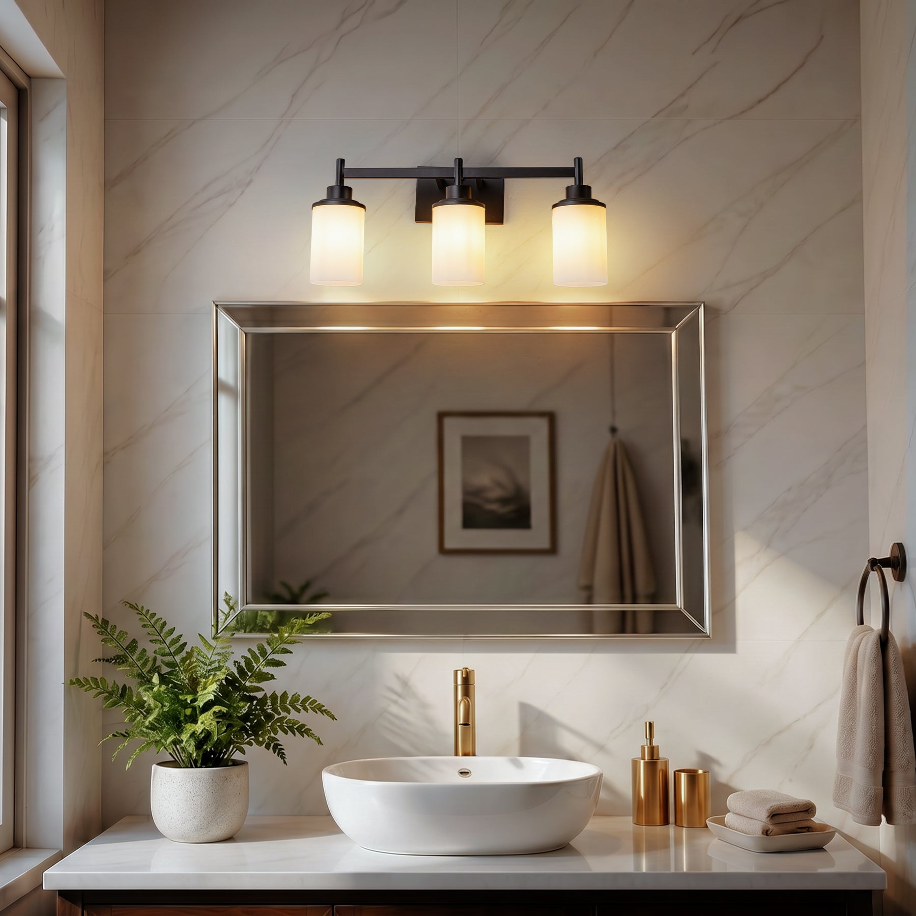 Modern 3-Light Bathroom Vanity Light, Dark Brown Wall Sconce with Opal Glass Shades 22 in. Wall Mounted Fixture for Mirror, Bathroom, Hallway
