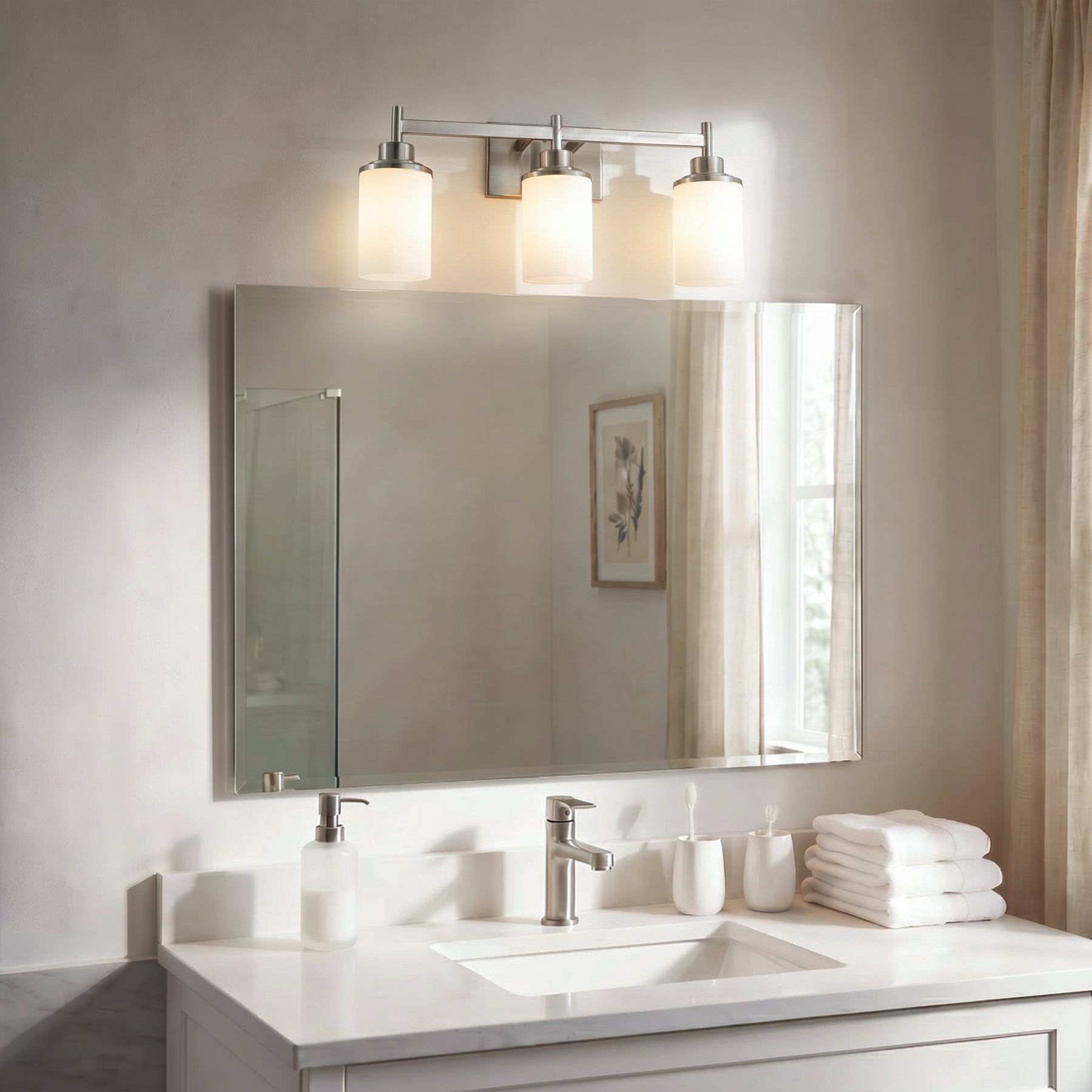 Modern 3-Light Bathroom Vanity Light, Brushed Nickel Wall Sconce with Opal Glass Shades 22 in. Wall Mounted Fixture for Mirror, Bathroom, Hallway