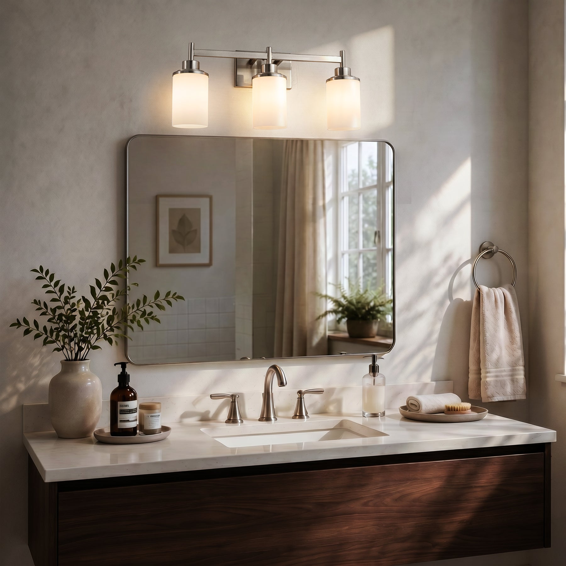 Modern 3-Light Bathroom Vanity Light, Brushed Nickel Wall Sconce with Opal Glass Shades 22 in. Wall Mounted Fixture for Mirror, Bathroom, Hallway
