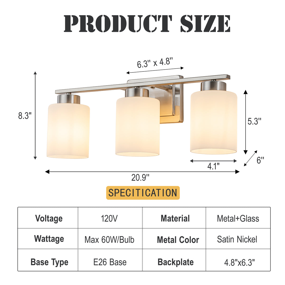 Modern Contemporary 3-Light Bathroom Vanity Light Satin Nickel Wall Sconce with Frosted Glass Shades 21-Inch Wall Mounted Fixture for Mirror Hallway