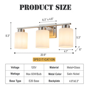 Modern Contemporary 3-Light Bathroom Vanity Light Satin Nickel Wall Sconce with Frosted Glass Shades 21-Inch Wall Mounted Fixture for Mirror Hallway