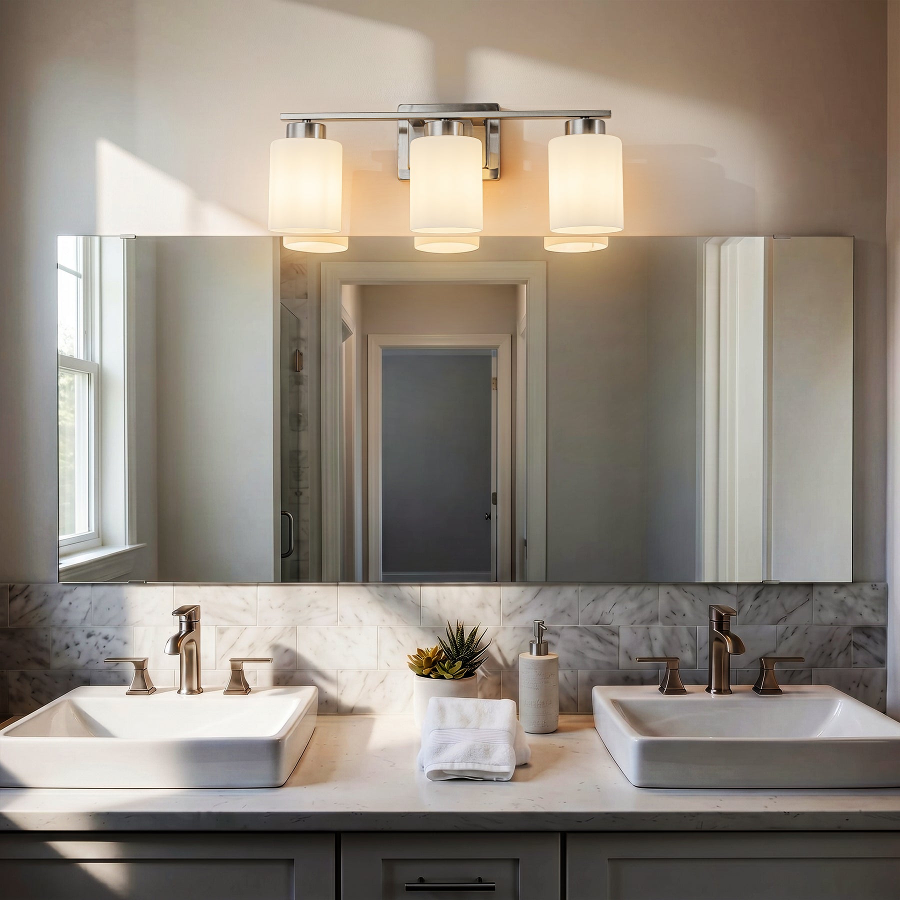 Modern Contemporary 3-Light Bathroom Vanity Light Satin Nickel Wall Sconce with Frosted Glass Shades 21-Inch Wall Mounted Fixture for Mirror Hallway