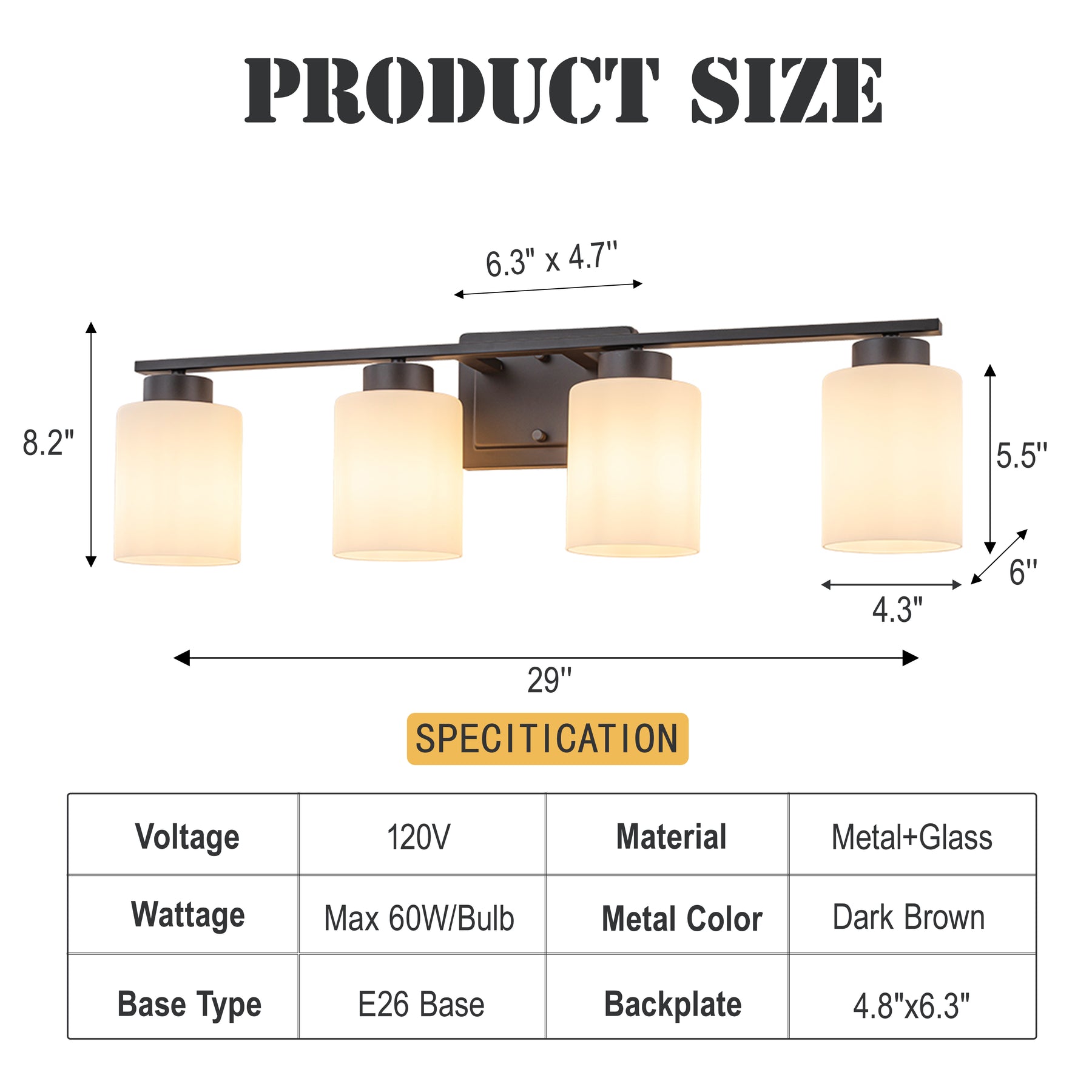 Modern Contemporary 4-Light Bathroom Vanity Light Dark Brown Wall Sconce with Frosted Glass Shades 29-Inch Wall Mounted Fixture for Mirror Hallway