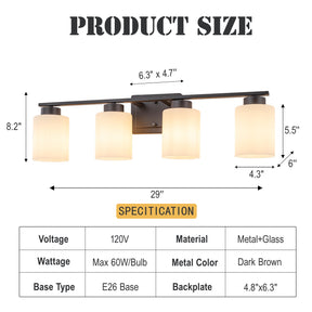 Modern Contemporary 4-Light Bathroom Vanity Light Dark Brown Wall Sconce with Frosted Glass Shades 29-Inch Wall Mounted Fixture for Mirror Hallway