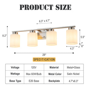 Modern Contemporary 4-Light Bathroom Vanity Light Satin Nickel Wall Sconce with Frosted Glass Shades 29-Inch Wall Mounted Fixture for Mirror Hallway