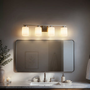 Modern Contemporary 4-Light Bathroom Vanity Light Satin Nickel Wall Sconce with Frosted Glass Shades 29-Inch Wall Mounted Fixture for Mirror Hallway