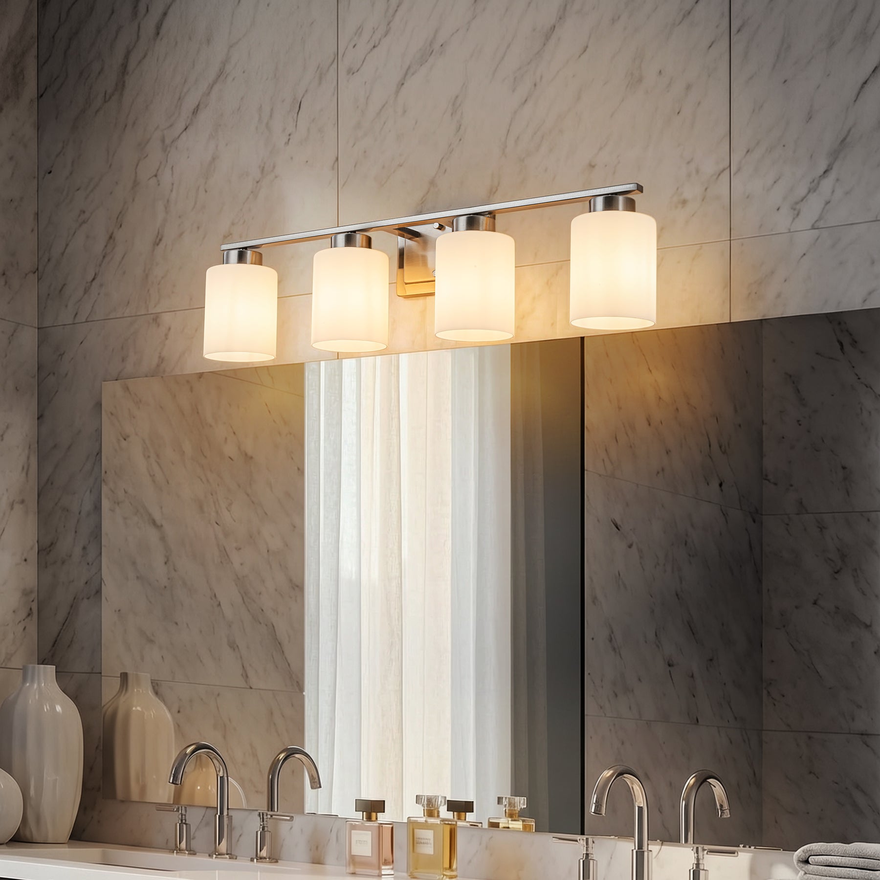Modern Contemporary 4-Light Bathroom Vanity Light Satin Nickel Wall Sconce with Frosted Glass Shades 29-Inch Wall Mounted Fixture for Mirror Hallway