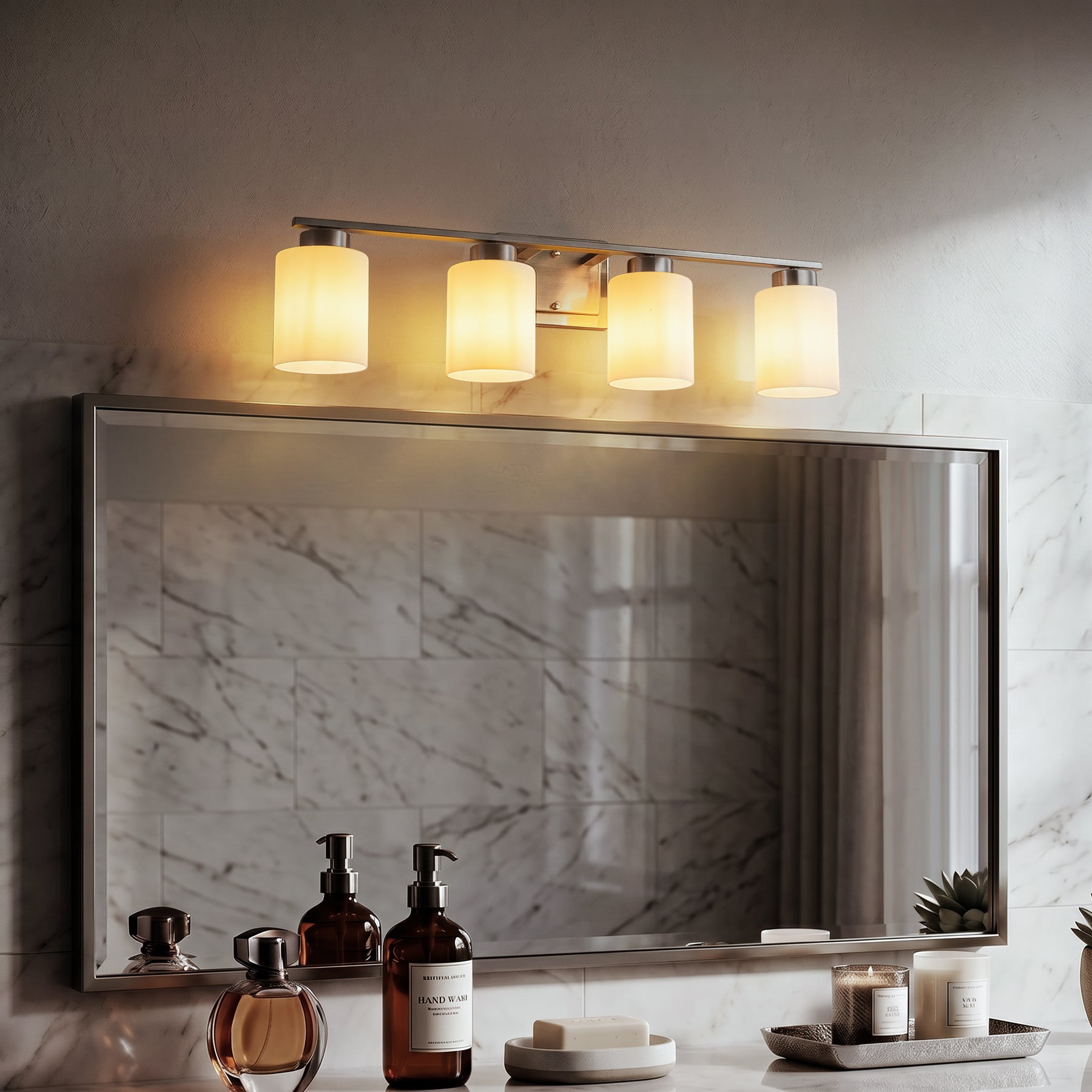 Modern Contemporary 4-Light Bathroom Vanity Light Satin Nickel Wall Sconce with Frosted Glass Shades 29-Inch Wall Mounted Fixture for Mirror Hallway