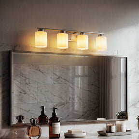 Modern Contemporary 4-Light Bathroom Vanity Light Satin Nickel Wall Sconce with Frosted Glass Shades 29-Inch Wall Mounted Fixture for Mirror Hallway