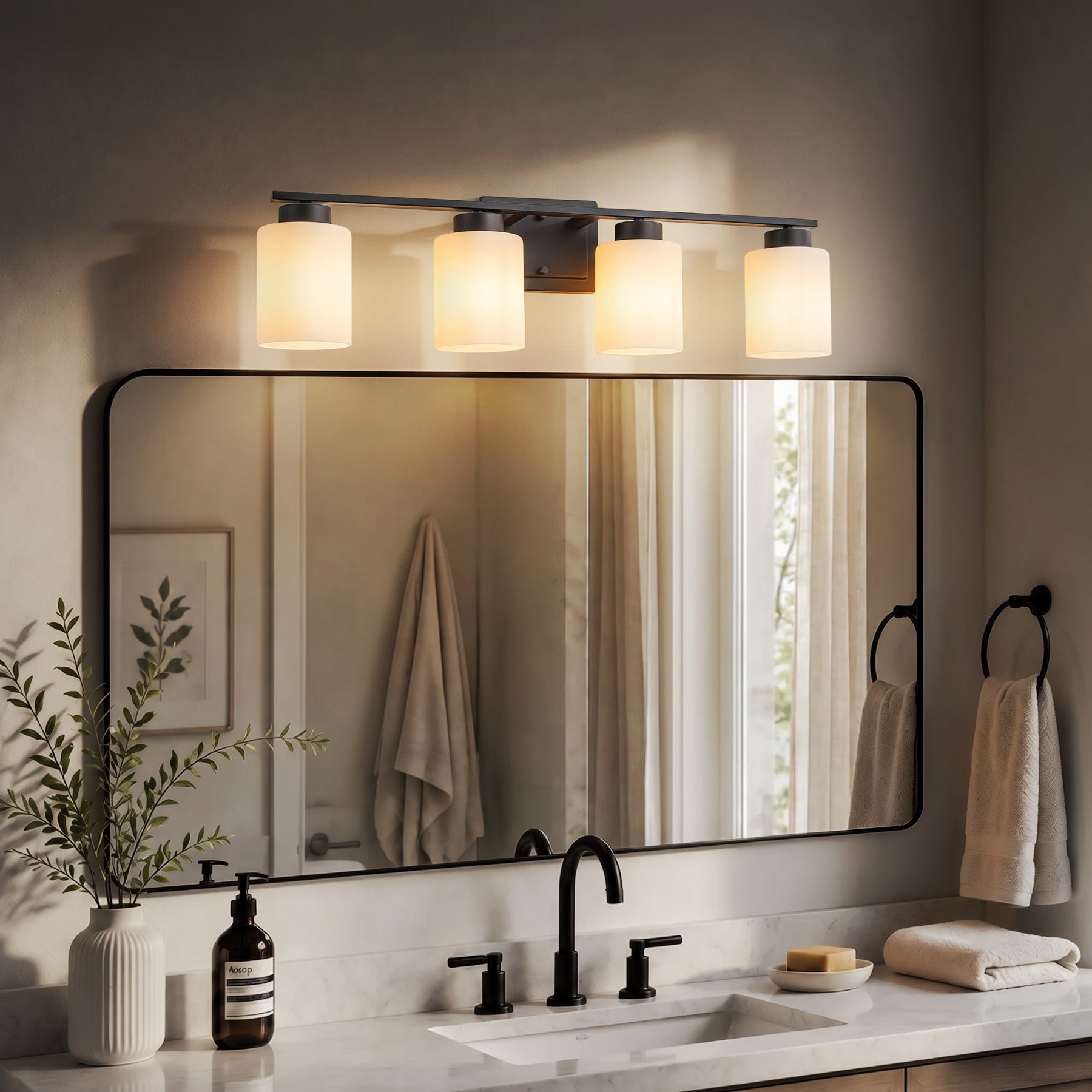 Modern Contemporary 4-Light Bathroom Vanity Light Dark Brown Wall Sconce with Frosted Glass Shades 29-Inch Wall Mounted Fixture for Mirror Hallway