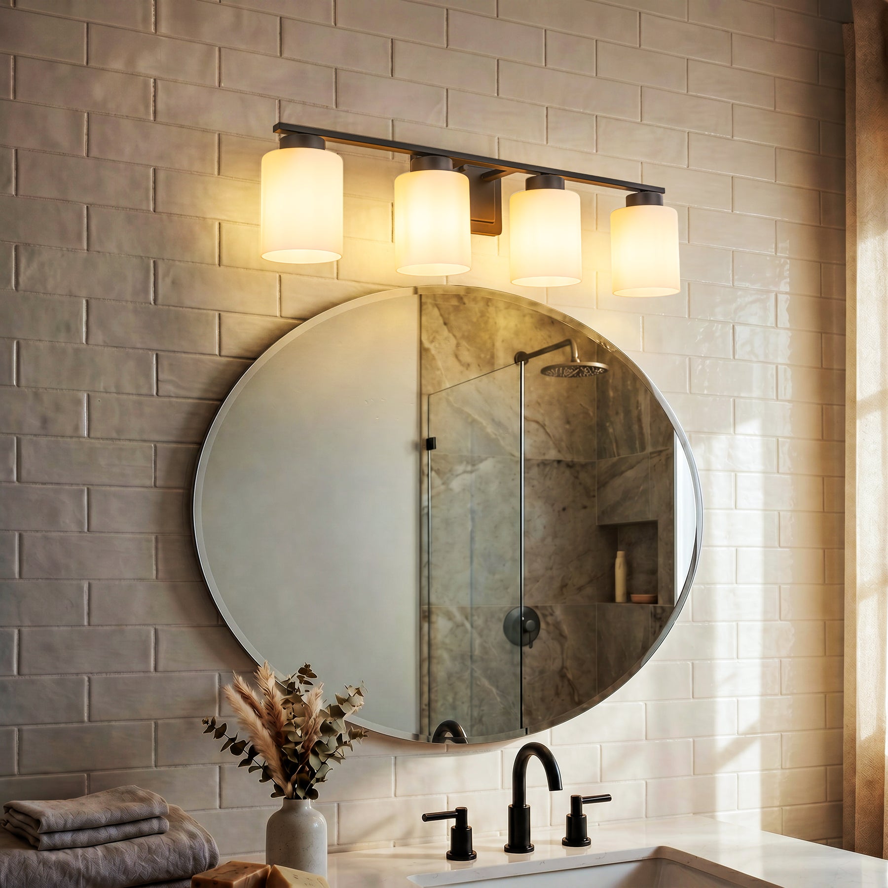 Modern Contemporary 4-Light Bathroom Vanity Light Dark Brown Wall Sconce with Frosted Glass Shades 29-Inch Wall Mounted Fixture for Mirror Hallway