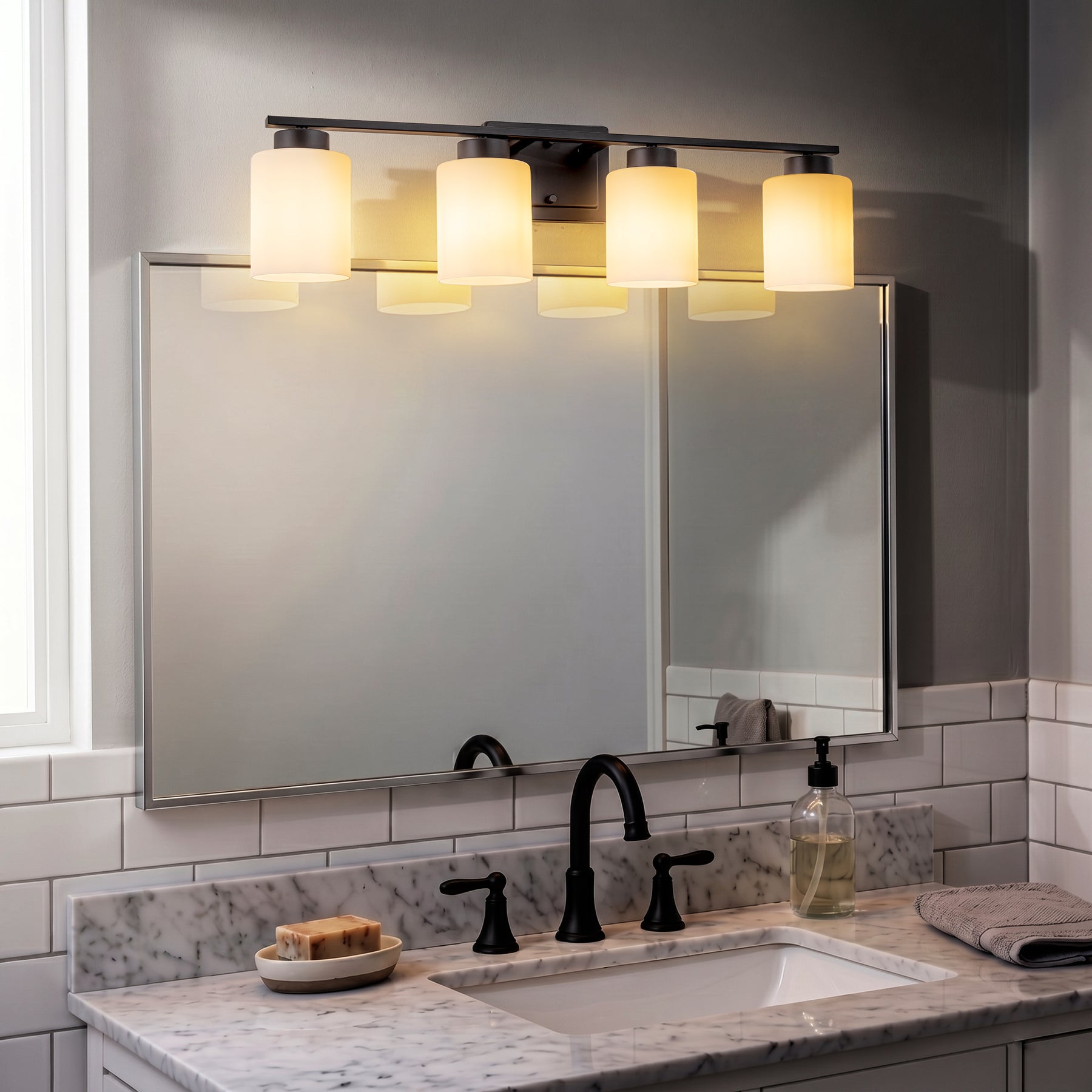 Modern Contemporary 4-Light Bathroom Vanity Light Dark Brown Wall Sconce with Frosted Glass Shades 29-Inch Wall Mounted Fixture for Mirror Hallway