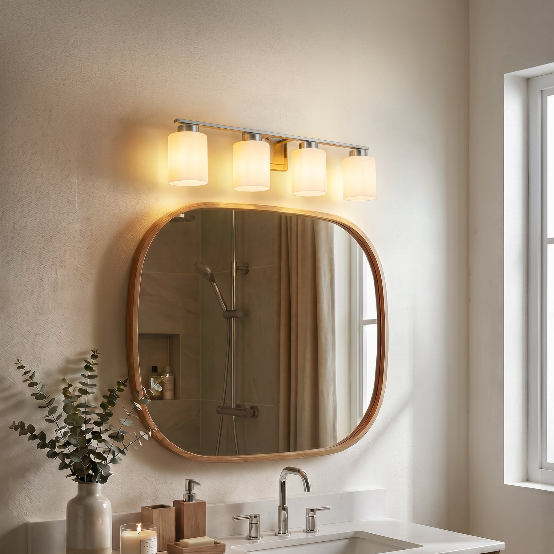 Modern Contemporary 4-Light Bathroom Vanity Light Satin Nickel Wall Sconce with Frosted Glass Shades 29-Inch Wall Mounted Fixture for Mirror Hallway