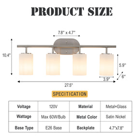 Modern Contemporary 28-Inch 4-Light Bathroom Vanity Wall Sconce with Satin Nickel Finish and Frosted Glass Shades for Bathroom, Laundry Room