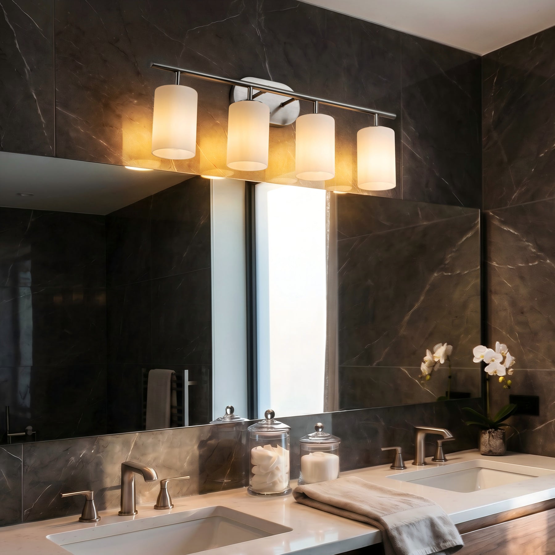 Modern Contemporary 28-Inch 4-Light Bathroom Vanity Wall Sconce with Satin Nickel Finish and Frosted Glass Shades for Bathroom, Laundry Room